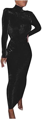 שמלת קטיפה לנשים מוק צוואר שרוול ארוך בגדי מועדון בגדי גוף מקסי שמלות קוקטייל צמודות שמלת מסיבת ערב