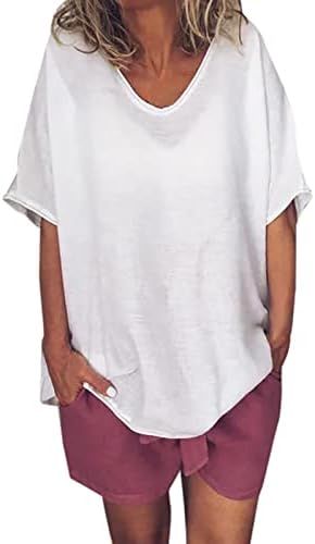QCemeni Plus בגודל נשים חולצות פשתן כותנה חולצות טוניקה של שרוול קצר צווארון, חולצת טריקו אופנתית קיץ חולצות