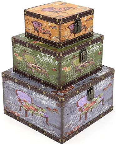 סט קופסאות אחסון מעץ של ג'וליטק סט של 3, קופסאות דקורטיביות וינטג 'עם עיצוב בית מכסה, קופסאות