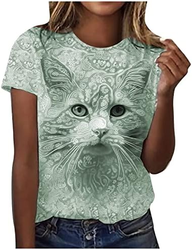 נער נוער צוואר צווארון חולצות חולצות לנשים שרוול קצר הדפסת חתול קוואי קיץ סתיו טיז בגדים אופנה