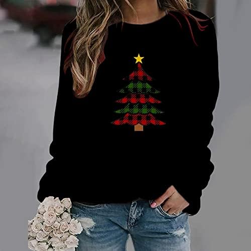 סוודרים לחג המולד לנשים שרוול ארוך שרוול רופף סוודר סוודר סוודר אדום אדום משובץ חג המולד עץ עץ צווארון