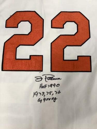 ג'ים פאלמר חתום על ג'רזי חתימה בייסבול 22 Orioles Cy HOF 90 JSA עם סטטיסטיקות - גופיות MLB עם חתימה