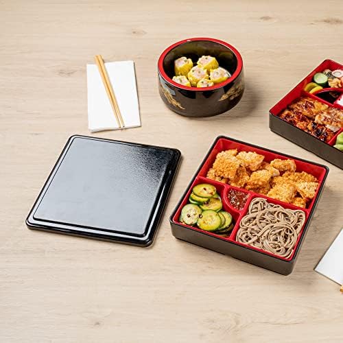 Bento Tek Square Black and Red Style Bento Box - 4 תאים - 8 1/4 x 8 1/4 x 2 1/4 - 1 תיבת ספירת