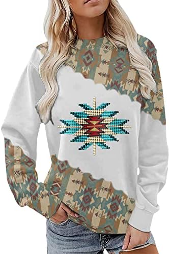 Oplxuo סווטשירטים בסגנון אתני לנשים מערבי הדפס אצטק דפסת שרוול ארוך בלוק סוודר סוודר סולבר מזדמן חולצה עליונה