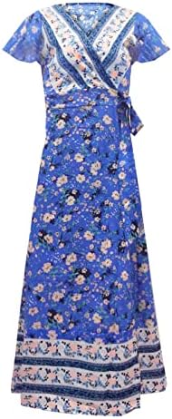 שמלת נדנדה של מיאשואי עם כיסים נשים קיץ מזדמן V הדפס פרחים הדפסים פרחוניים חגורת מותניים גבוהה שרוול קצר שמלה