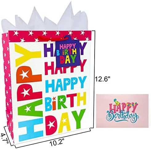 שקית מתנה למסיבת יום הולדת-שקית מתנה גדולה עם כרטיס ברכה, תג, נייר טישו-עיצוב נצנצים