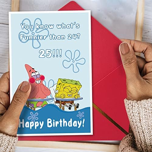 כרטיס יום הולדת 25 מצחיק לחבר, מתנות יום הולדת 25 לנשים, כרטיס מם חמוד של בובספוג פטריק סטאר לחברה,