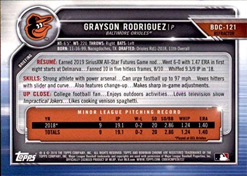 2019 Bowman Chrome Refractor BDC-121 Grayson Rodriguez RC טירון Baltimore Orioles MLB כרטיס מסחר בייסבול