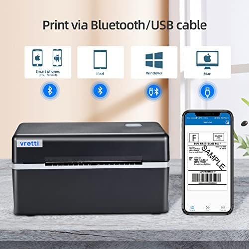 מדפסת תווית משלוח תרמית של Vretti Bluetooth, מדפסת תווית משלוח אלחוטית 4x6 עבור חבילות משלוח