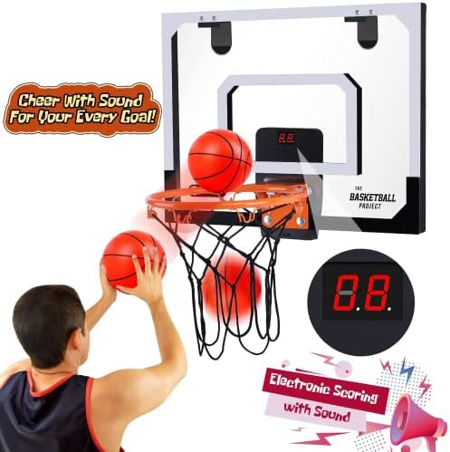 מעל את דלת כדורסל חישוק עם אלקטרוני לוח תוצאות 6 כדורים, מקורה כדורסל חישוק לילדים ומבוגרים, מיני