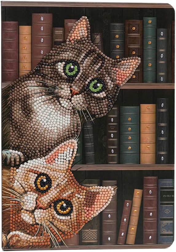 מחברת ציור יהלום אמנות קריסטל - חתולים בספריה - צור עטיפת מחברת נוצצת באמצעות גבישים - לגילאי 8 ומעלה