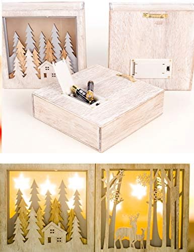 Letuwj קופסת עץ קישוט חג המולד עם אורות LED חמים עץ 5.7x5.7 אינץ '