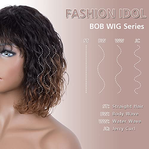 אופנה איידול בוב מתולתל שיער טבעי פאה עם פוני לנשים שחורות 10 עמוק גל ברזילאי לא מעובד שיער טבעי