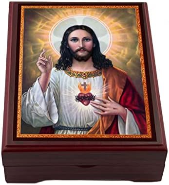 קופסת המחרוזת של DeTezo, לב קדוש של ישו של קופסת אייקון עץ, תכשיטים מחרוזת חרוז שמירת מזכרת 5 1/16 אינץ
