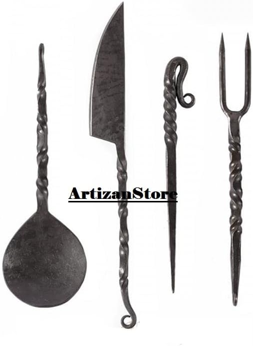 מימי הביניים מחושל יד ברזל סכום סט עם עור פאוץ סכום, מטבח, כפית, שיפוד, מזלג, סכין מתנה אכילת תשמיש סט,