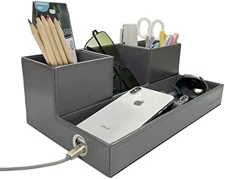 מארגן שולחן בסיסי של האיחוד, מחזיק עט רב תא עור שולחן עבודה ארגונית נייר מכתבים למשרד, אפור אלגנטי פלוס