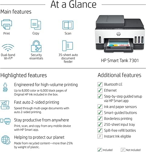 HP Smart -Tank 7301 מדפסת דיו ללא מחסניות אלחוטית אלחוטית, מדפסת דיו, הדפס נייד, סריקה, העתק, מזין מסמכים אוטומטי-28B70A