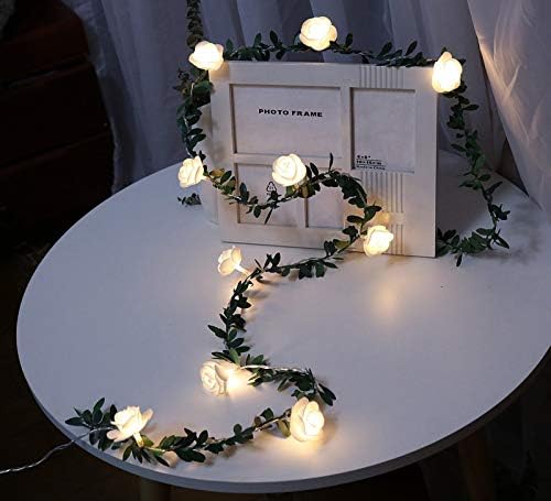 אורות מיתרים מופעלים על סוללות, ורדים לבנים עם אור חם לחדר השינה ביתי מקורה למסיבת חתונה מקורה