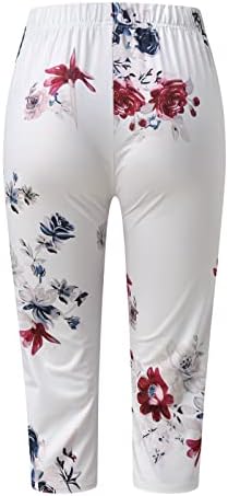 מכנסי קפרי של HDDK פלוס גודל לנשים חוף קיץ, מכנסי פשתן מותניים גבוהים אלסטיים הדפסים מזדמנים רטרו נוחית