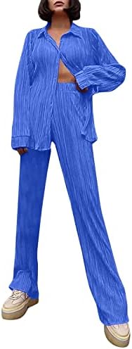 Xinshide שני תלבושות לנשים לנשים כפתור שרוול ארוך מזדמן למטה חולצה ומכנסי רגליים רחבות הגדר חליפה