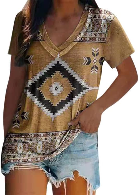 דפוס סגנון אתני מערבי של UBST מודפס V צוואר חולצות נשים חולצות שרוול קצר