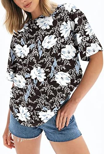 2023 נשים קיץ חולצות פרח זרוק כתף טיז למעלה קצר שרוול צווארון עגול חולצה חולצות צווארון עגול מזדמן טוניקת חולצה