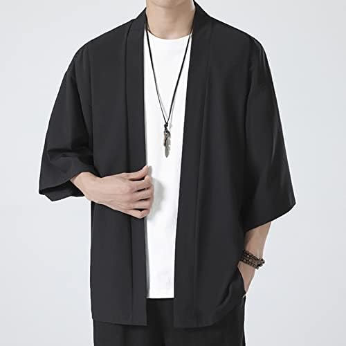 XXBR Kimono Cardigan יפני לגברים, קדמי פתוח רופף 3/4 שרוול קל משקל קל משקל אוקייו בצבע אחיד ז'קט מזדמן גלימה