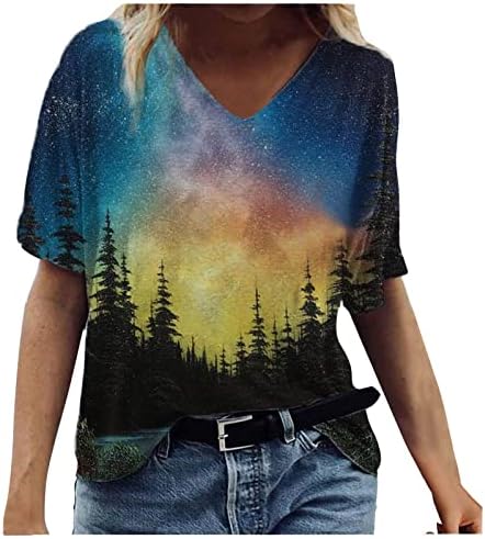 נשים חולצות קיץ טרנדי הדפסה קצר שרוול צווארון חולצות מקרית פרחוני בסיסי טיז חמוד מתגנדר טוניקת חולצה