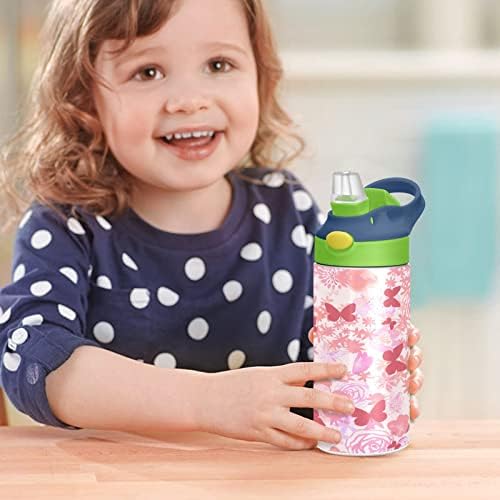 פרטי קיגאי פרפר בקבוק מים לילדים, בקבוק מים מבודד נירוסטה ללא BPA בקבוק מים עם מכסה קש בקש