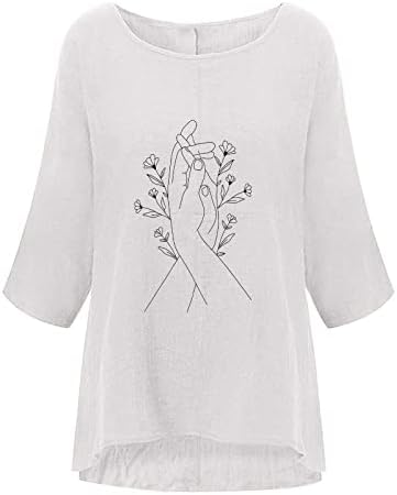 חמוד הדפסת חולצות לנשים כותנה פשתן 3/4 שרוול רופף בסיסי טי חולצות מקרית מוצק צבע צוות צוואר חולצה טוניקה