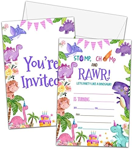 כרטיסי הזמנות למסיבת יום הולדת לדינוזאור, הזמנת יום הולדת דינו דינו, הזמנות מילוי ורוד וסגול דו