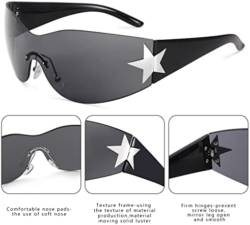 משקפי שמש כוכב 2 קראט נשים לעטוף סביב משקפיים טרנדי ללא מסגרת מגן גדול אופנה ללא מסגרת