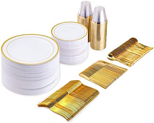 800 חתיכה זהב כלי אוכל סט-200 זהב פלסטיק צלחות-סט של 300 זהב פלסטיק כלי כסף-100 זהב פלסטיק כוסות-200 מפיות