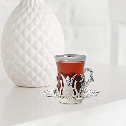 ערכת תה כסוף של Lamodahome של 6 - כוללת 6 כוסות, 6 מחזיקי צלוחיות - VIP הגשה מיוחדת בצבעון טורקי, ערכות קפה מרוקאיות