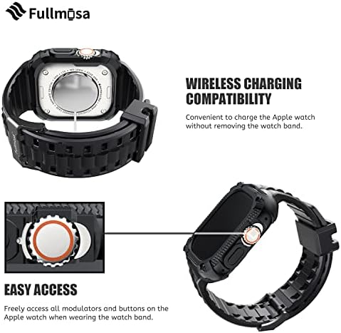 להקת Fullmosa Watch תואם להקת Apple Watch מחוספסת Ultra 49 ממ עם מארז פגוש ומגן מסך לגברים נשים, שחור