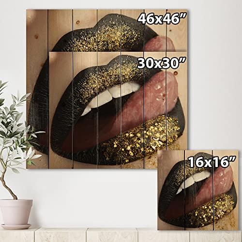 עיצוב שפתיים נשיות שפתון שחור ופאייטים מזהב עיצוב קיר עץ מודרני ועכשווי, אמנות קיר מעץ זהב, אנשים גדולים