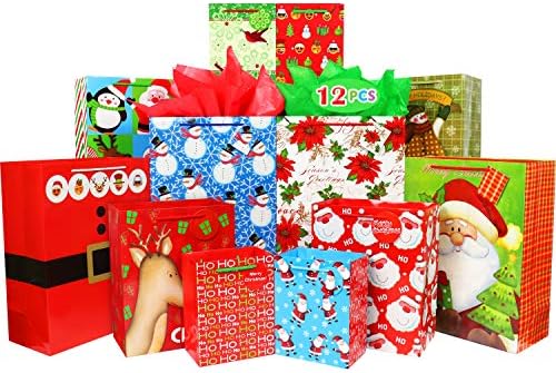 סט שקיות מתנה לחג המולד של FZOPO כולל 4 גדול במיוחד 4 גדולים 4 בינוני עם ידיות שקיות מתנה להדפסת חג המולד גדלים
