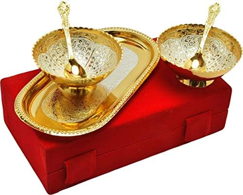 מגש פלטת פליז קערת פליז של Parijat מגש פלטת פליז עם כף עיצוב חריטה מלכותי הודי עם קופסה ארוזה