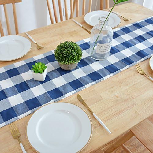 נאטוס ויבר כותנה כחול כהה & מגבר; לבן 2 צד באפלו בדוק רץ לשולחן חווה לארוחות משפחתיות או התכנסויות, מסיבות