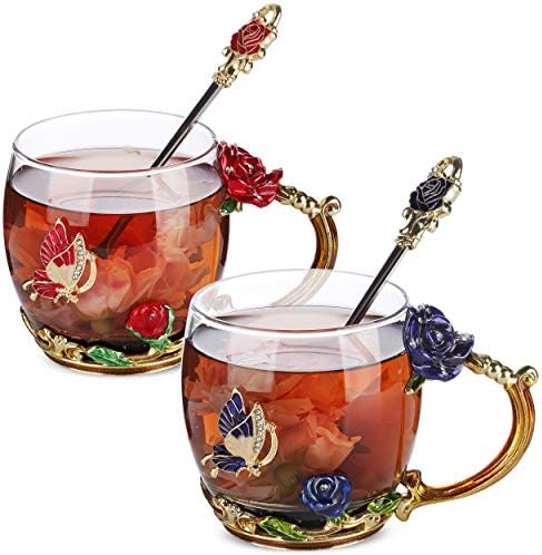 בטאט-פרח תה כוס, חבילה של 2, 11 עוז, זכוכית תה כוס, תה זכוכית, פרח ספל, פרפר תה כוס, תה כוס מתנה סטים