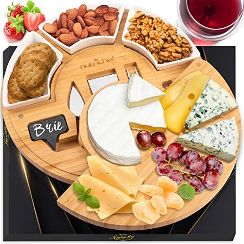 סט הגשה של לוח גבינת במבוק נוטריצ ' ף - לוח שרקוטרי עם מזלג נירוסטה, סכינים, סמני גיר, תווית צפחה, מגש גבינות