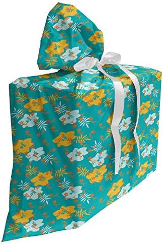 שקית מתנה מבד אלוהה, פרחי היביסקוס טרופיים פורחים עם אפקט גראנג ' טבע הוואי, שק הווה למסיבות ימי הולדת עם 3 סרטים,