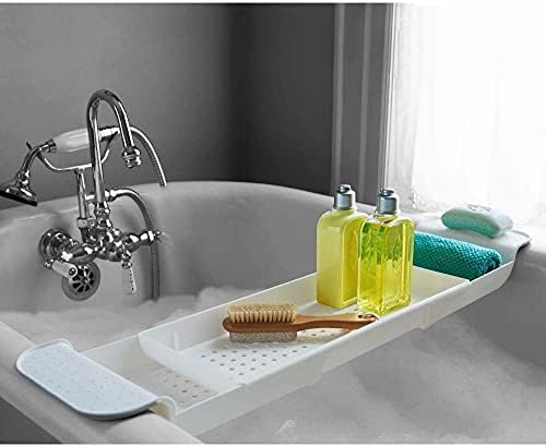 מגש אמבטיה קאדי מארגן מקלחת מפלסטיק מגשי עם צדדים מרחיבים מדף מטבח אמבטיה, מתאים לרוב האמבטיות 31 x