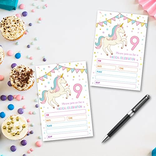 Qupt unicorn Handyday Party כרטיסי הזמנה, כרטיסי הזמנות למסיבת יום הולדת 9, מלא את מסיבת יום ההולדת