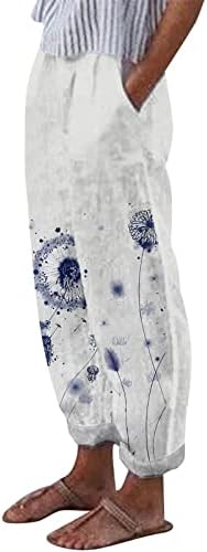 מכנסי פשתן מזדמנים לנשים בתוספת אימון הדפס גרפי בגודל Boho Capri מכנסי כותנה פשתן מותניים אלסטיים מכנסי