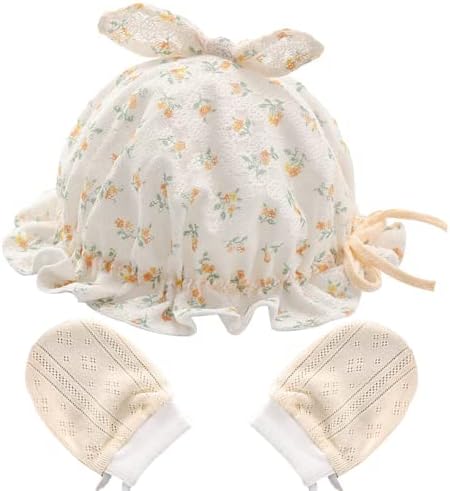 כובע ותינוקות מתכוונן של זורליי כובע וכפפות מוגדרות למשך 0-12 חודשים, כובע שמש כותנה פרחים עם כפפות