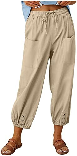 מכנסי פשתן כותנה לנשים, משיכת מותניים גבוהים ברגל רחבה רופפת בכושר קפריס נוחה אופנה מכנסיים רחבים עם