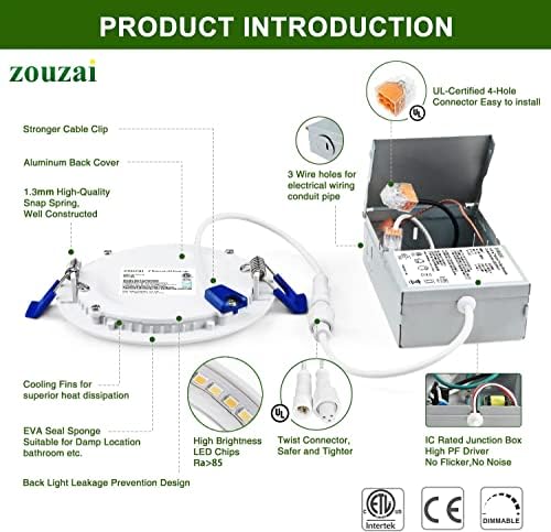 Zouzai 24 Pack 6 אינץ 'LED דקה אולטרה-דקה נורית תקרה שקועה עם קופסת צומת, 3000 אלף לבן חם, 12W