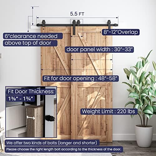 Smartstandard 5.5 רגל עוקף ערכת חומרה של דלת אסם הזזה - עבור מסלול דלתות עץ כפול -סינגל - חלקה