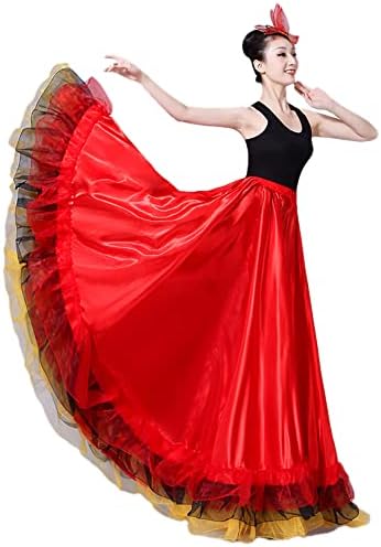 פרע פרוע לבן סאטן ארוך פלמנקו ריקוד חצאית ריקודים ספרדית תלבושת ביצועים לנשים